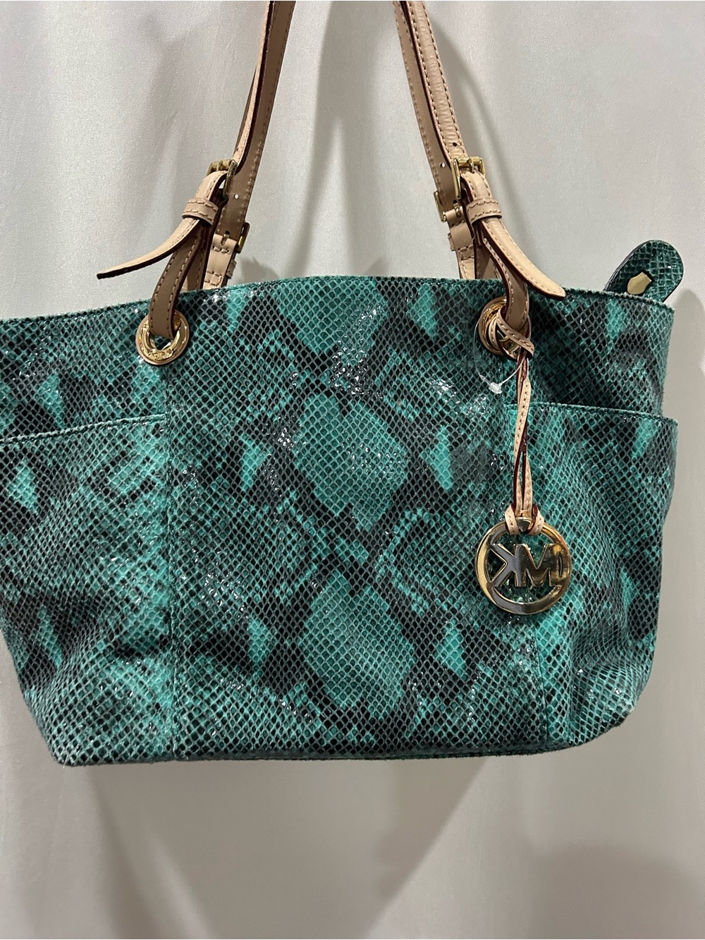 Michael Kors Teal Jet set PythonEmbossed Tote with Beige Straps